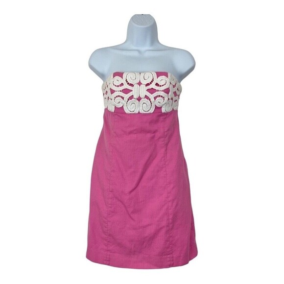 Lilly Pulitzer Womens Size 0 Pink and White Embroidered Strapless Dress - Picture 2 of 5